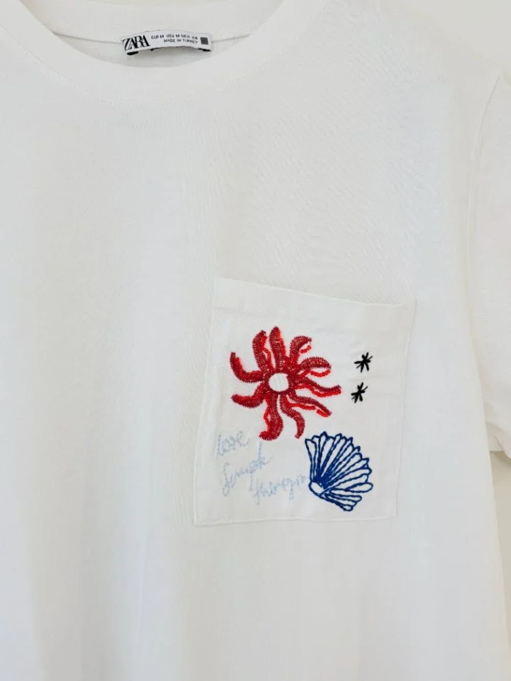 Zara White Embroidered Beaded Pocket Tee Coastal Sun Shell Graphic T-Shirt Sz M - Picture 4 of 8